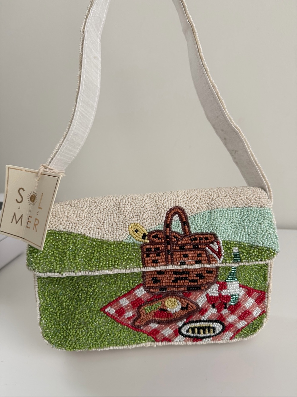 Beaded Picnic-Scene Shoulder Bag in Cream & Green